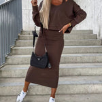 Elegant Two-piece Set Sexy V-neck Off-shoulder Sweatshirt & Sleeveless Knitted Dress Skirt