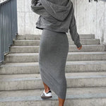 Elegant Two-piece Set Sexy V-neck Off-shoulder Sweatshirt & Sleeveless Knitted Dress Skirt
