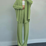 Elegant Solid Color Long-Sleeve Shirt Cardigan & Wide-Leg Pants Casual Set