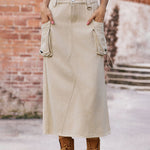Nadorine Women's Casual High Waist Denim Midi Skirt Drawstring Adjustable Long Jeans Skirt with Pockets