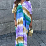 V-neck Short-sleeved Loose Tie Dye Caftan Dress