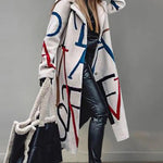 Nadorine Casual Long Sleeve Lapel Printed Notched Collar Warm Midi Jacket Overcoat