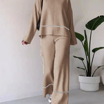 Nadorine Chic Two-pieces Outfits Solid Color Casual Top Loose Trousers Pants Sets