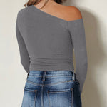 Women's One Off Shoulder Tops Asymmetrical Neck Long Sleeve Slim Wrap Tee Shirt Blouse
