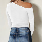 Women's One Off Shoulder Tops Asymmetrical Neck Long Sleeve Slim Wrap Tee Shirt Blouse