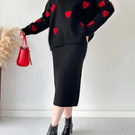 Nadorine Women's Chic Two-piece Set Hearts Knit Pullover and Hip Wrap Skirt