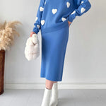 Nadorine Women's Chic Two-piece Set Hearts Knit Pullover and Hip Wrap Skirt