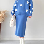 Nadorine Women's Chic Two-piece Set Hearts Knit Pullover and Hip Wrap Skirt