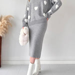 Nadorine Women's Chic Two-piece Set Hearts Knit Pullover and Hip Wrap Skirt