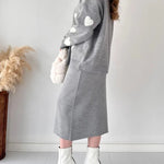 Nadorine Women's Chic Two-piece Set Hearts Knit Pullover and Hip Wrap Skirt