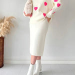 Nadorine Women's Chic Two-piece Set Hearts Knit Pullover and Hip Wrap Skirt