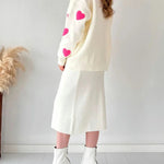 Nadorine Women's Chic Two-piece Set Hearts Knit Pullover and Hip Wrap Skirt