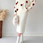 Nadorine Women's Chic Two-piece Set Hearts Knit Pullover and Hip Wrap Skirt