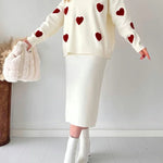 Nadorine Women's Chic Two-piece Set Hearts Knit Pullover and Hip Wrap Skirt