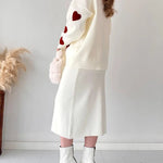 Nadorine Women's Chic Two-piece Set Hearts Knit Pullover and Hip Wrap Skirt