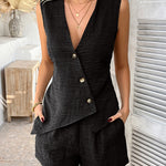 Nadorine Casual Button V-neck Vest Shorts Sets