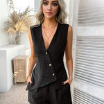 Nadorine Casual Button V-neck Vest Shorts Sets