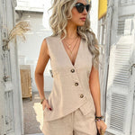 Nadorine Casual Button V-neck Vest Shorts Sets