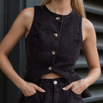 Sleeveless High Waist Denim Shorts Set