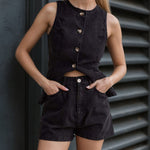 Sleeveless High Waist Denim Shorts Set