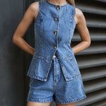 Sleeveless High Waist Denim Shorts Set