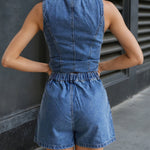 Sleeveless High Waist Denim Shorts Set