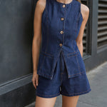 Sleeveless High Waist Denim Shorts Set