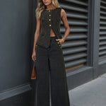 Nadorine Button Sleeveless Jeans Denim Set