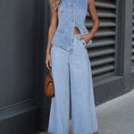 Nadorine Button Sleeveless Jeans Denim Set