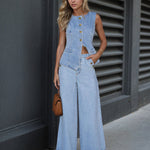 Nadorine Button Sleeveless Jeans Denim Set