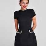 Nadorine Elegant Fitted Pearl Trim Tweed Dress for Women Casual Summer Vacation 2026
