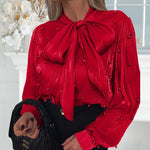 Nadorine Elegant Pearl Embellished Bow Tie Shirt for Women Casual Work Office Loose Fit 2026 | Under $40