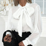Nadorine Elegant Pearl Embellished Bow Tie Shirt for Women Casual Work Office Loose Fit 2026 | Under $40