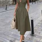 Nadorine Women's Casual Sleeveless Zipper Midi Dress With Pockets