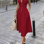 Nadorine Women's Casual Sleeveless Zipper Midi Dress With Pockets