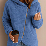 Nadorine Casual Plush Fleece Diagonal Zip Hooded Jacket