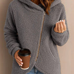 Nadorine Casual Plush Fleece Diagonal Zip Hooded Jacket