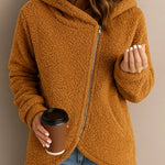 Nadorine Casual Plush Fleece Diagonal Zip Hooded Jacket