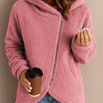 Nadorine Casual Plush Fleece Diagonal Zip Hooded Jacket