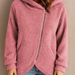 Nadorine Casual Plush Fleece Diagonal Zip Hooded Jacket