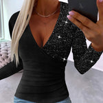 Nadorine Glam Sequin Contrast Deep V-Neck Top for Women Casual Work Office Loose Fit 2026 | Under $40
