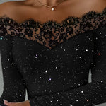 Nadorine Glitter Off The Shoulder Lace Spliced Top for Women Elegant Date Night Party 2026 | Under $40