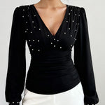 Nadorine Elegant V-neck Pearl Embellished Top for Women Casual Work Office Loose Fit 2026 | Under $40