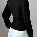 Nadorine Elegant V-neck Pearl Embellished Top for Women Casual Work Office Loose Fit 2026 | Under $40