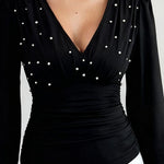 Nadorine Elegant V-neck Pearl Embellished Top for Women Casual Work Office Loose Fit 2026 | Under $40