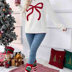 Loose Contrast Big Bow Jacquard Knit Sweater