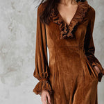 Retro Velvet A-Line Lace Trim Midi Dress