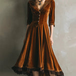 Retro Velvet A-Line Lace Trim Midi Dress