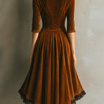 Retro Velvet A-Line Lace Trim Midi Dress