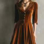 Retro Velvet A-Line Lace Trim Midi Dress